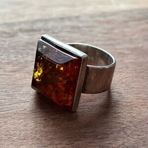 Square Amber Stone Sterling Silver Ring